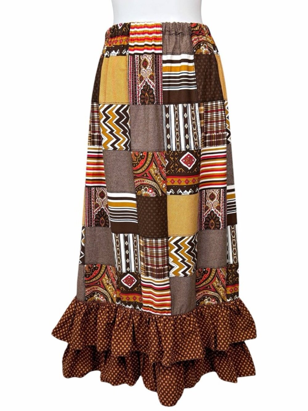 Vintage 70s Maxi Skirt Womens XS / S Prairie Floral Patchwork Tiered